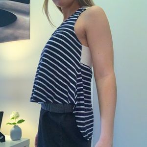 Blue and white striped shirt with mesh on the back